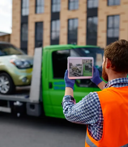 Male tow truck assistant take picture of loaded vehicle. Car insurance. Back view. Selective focus